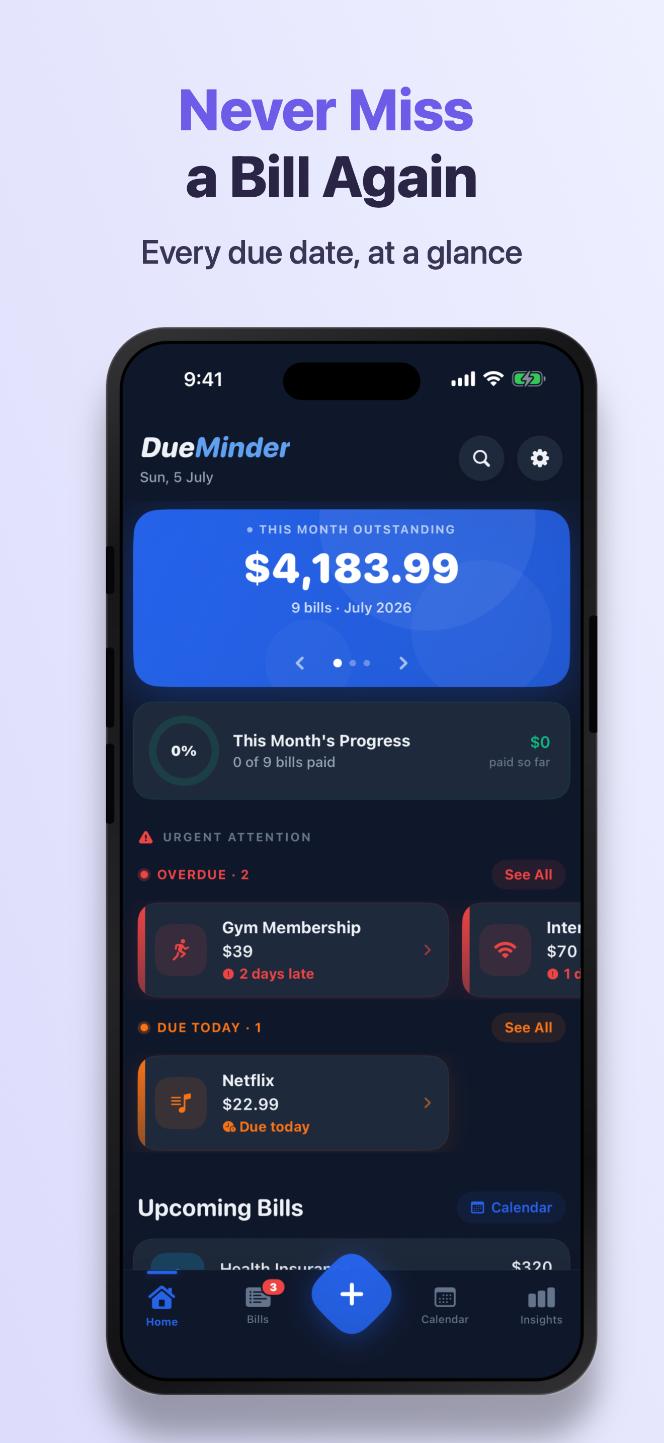 DueMinder home screen showing this month's outstanding total, upcoming bills, and an overdue bill on iPhone.
