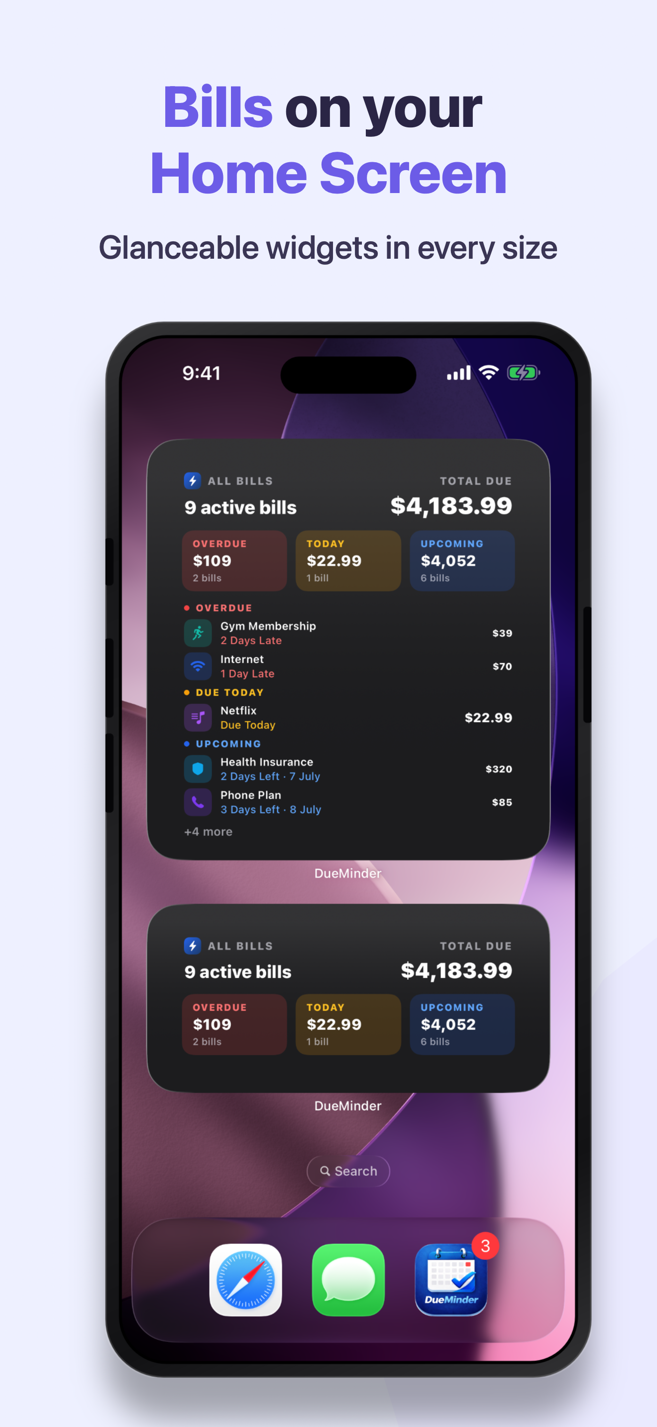 DueMinder Home Screen widgets showing active bills and total due at a glance, in every size.