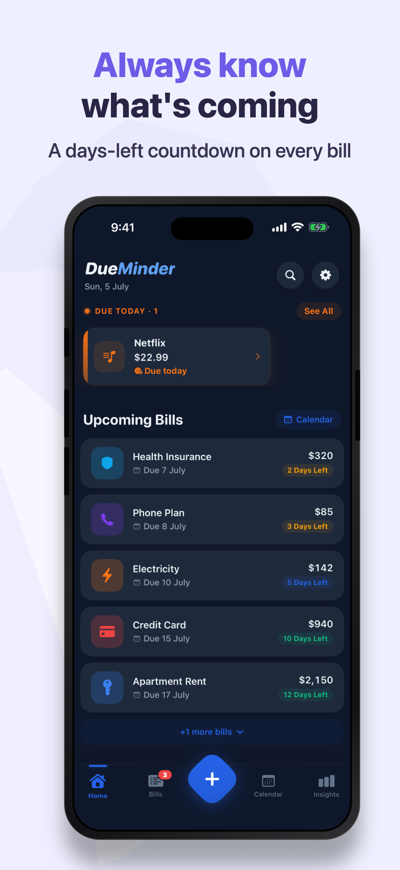 DueMinder upcoming bills with a clear days-left countdown on every bill so you always know what's coming.
